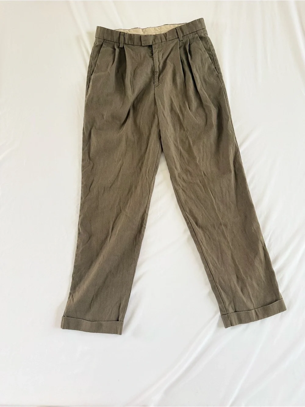 VTG Dockers Irish Linen Pants Mens 34x32 Olive Green Pleated Cuffed Beach Preppy